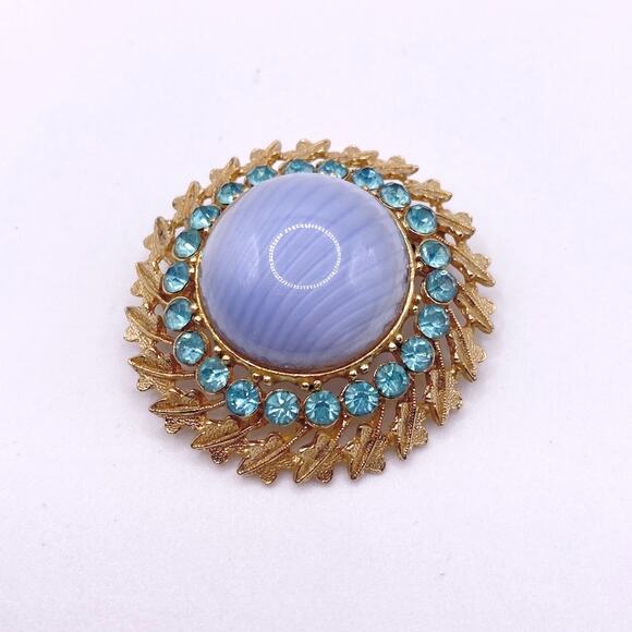 Vintage Vintage Blue Marbled Domed Art Glass & Blue Rhinestones Pin Brooch 2” - Picture 2 of 6